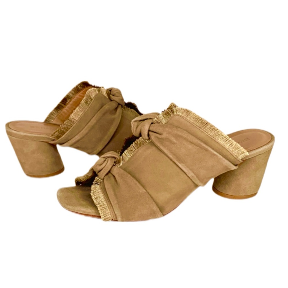 Bernardo Taupe Fringe Knot Suede Block Heel Sandals